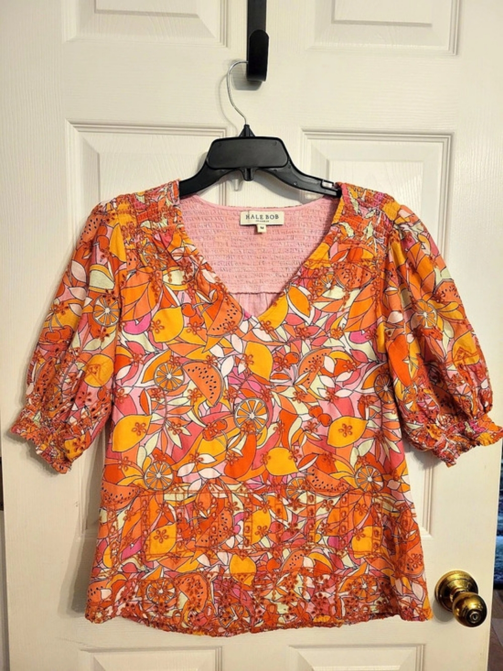 Hale Bob Fruity Printed Cotton Blouse Orange Pink Size Medium